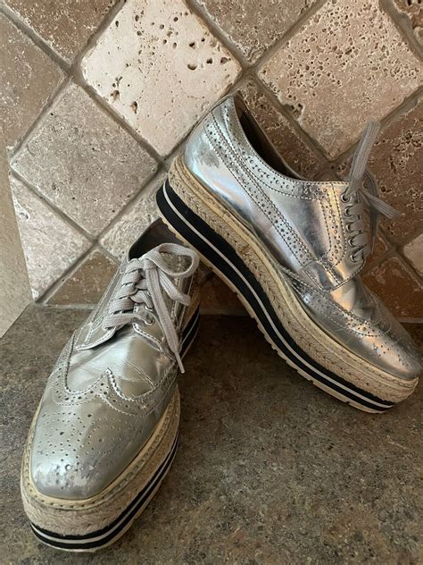 Silver Prada Wingtip Platform Shoes 